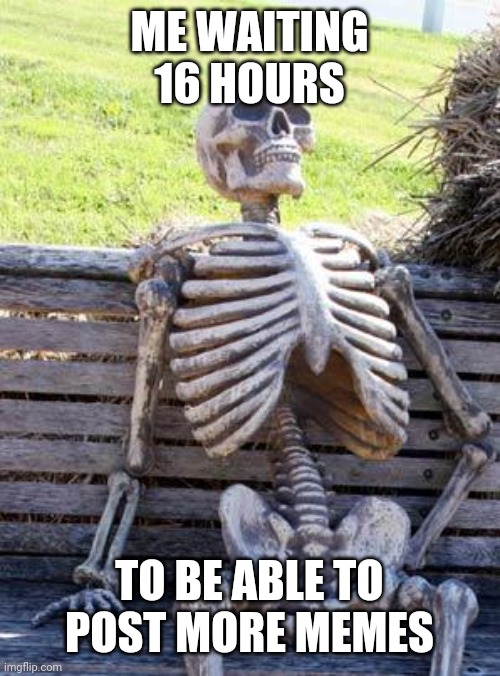 Relatable |  ME WAITING 16 HOURS; TO BE ABLE TO POST MORE MEMES | image tagged in memes,waiting skeleton,meanwhile on imgflip | made w/ Imgflip meme maker