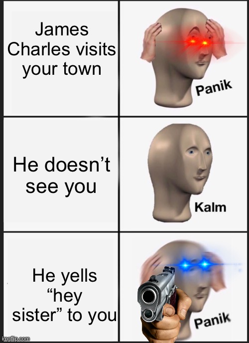 Warning: the fear is here | James Charles visits your town; He doesn’t see you; He yells “hey sister” to you | image tagged in memes,panik kalm panik | made w/ Imgflip meme maker