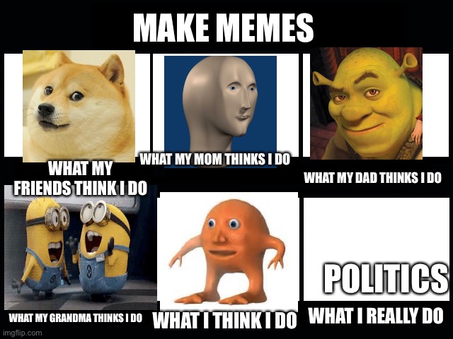 What my friends think I do | MAKE MEMES; WHAT MY MOM THINKS I DO; WHAT MY FRIENDS THINK I DO; WHAT MY DAD THINKS I DO; POLITICS; WHAT I REALLY DO; WHAT MY GRANDMA THINKS I DO; WHAT I THINK I DO | image tagged in what my friends think i do | made w/ Imgflip meme maker