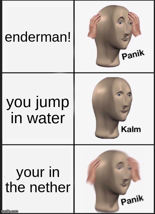 Panik Kalm Panik Meme | enderman! you jump in water your in the nether | image tagged in memes,panik kalm panik | made w/ Imgflip meme maker