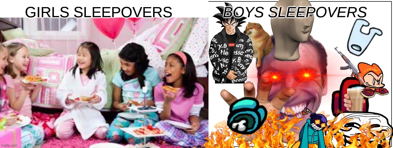 sleepovers | BOYS SLEEPOVERS; GIRLS SLEEPOVERS | image tagged in lolz | made w/ Imgflip meme maker