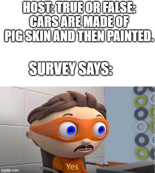 Yes Meme | HOST: TRUE OR FALSE: CARS ARE MADE OF PIG SKIN AND THEN PAINTED. SURVEY SAYS: | image tagged in protegent yes,memes | made w/ Imgflip meme maker