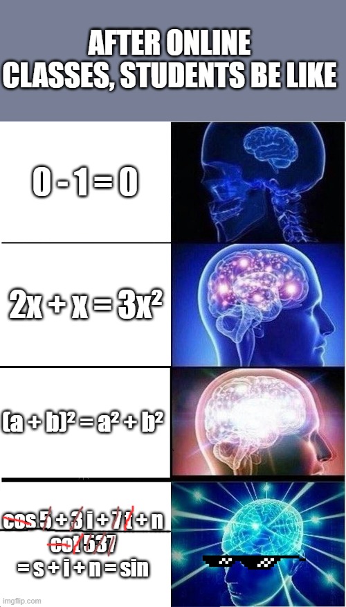 OnLiNe ClAsSeS | AFTER ONLINE CLASSES, STUDENTS BE LIKE; 0 - 1 = 0; 2x + x = 3x²; (a + b)² = a² + b²; cos 5 + 3 i + 7 t + n
cot 537
= s + i + n = sin | image tagged in memes,expanding brain,online classes,covid-19,coronavirus | made w/ Imgflip meme maker