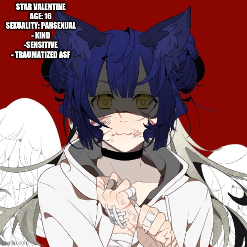 Star UwU | STAR VALENTINE
AGE: 16
SEXUALITY: PANSEXUAL

- KIND
-SENSITIVE
- TRAUMATIZED ASF | made w/ Imgflip meme maker