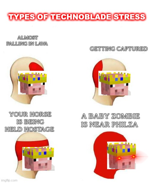 Types of Technoblade stress | TYPES OF TECHNOBLADE STRESS; ALMOST FALLING IN LAVA; GETTING CAPTURED; YOUR HORSE IS BEING HELD HOSTAGE; A BABY ZOMBIE IS NEAR PHILZA | image tagged in types of headache,technoblade,funny,reference,philza,minecraft | made w/ Imgflip meme maker
