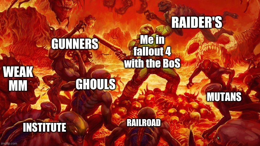 Doomguy | RAIDER'S; GUNNERS; Me in fallout 4 with the BoS; WEAK MM; GHOULS; MUTANS; RAILROAD; INSTITUTE | image tagged in doomguy | made w/ Imgflip meme maker