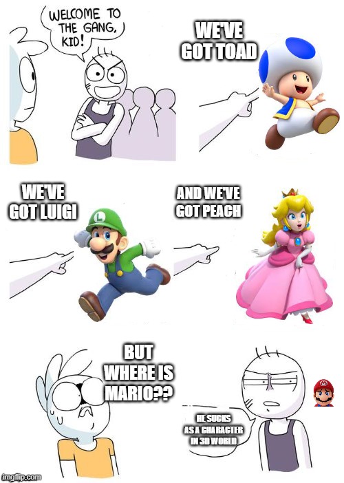 Crimes Johnson | WE'VE GOT TOAD; WE'VE GOT LUIGI; AND WE'VE GOT PEACH; BUT WHERE IS MARIO?? HE SUCKS AS A CHARACTER IN 3D WORLD | image tagged in crimes johnson | made w/ Imgflip meme maker