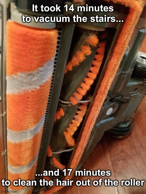 Uuuuugh! Housework (Stop inventing things that suck.) | It took 14 minutes to vacuum the stairs... ...and 17 minutes
to clean the hair out of the roller | image tagged in funny memes,vacuum cleaner,chores | made w/ Imgflip meme maker