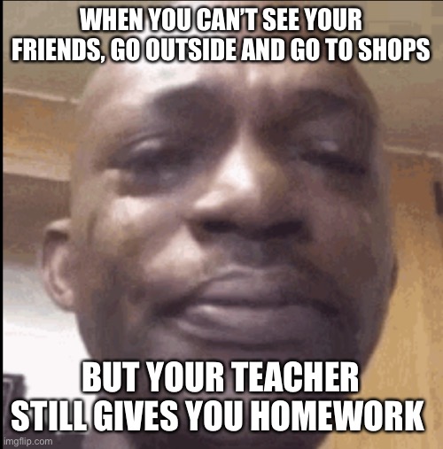 Crying black dude | WHEN YOU CAN’T SEE YOUR FRIENDS, GO OUTSIDE AND GO TO SHOPS; BUT YOUR TEACHER STILL GIVES YOU HOMEWORK | image tagged in crying black dude | made w/ Imgflip meme maker