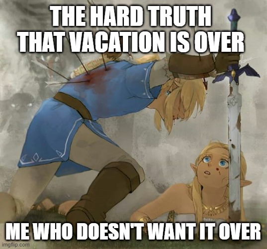 Link and zelda | THE HARD TRUTH THAT VACATION IS OVER; ME WHO DOESN'T WANT IT OVER | image tagged in link and zelda | made w/ Imgflip meme maker