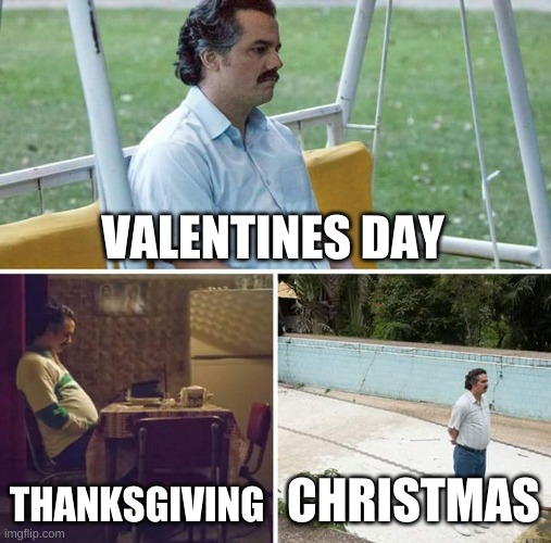 Sad Pablo Escobar | VALENTINES DAY; THANKSGIVING; CHRISTMAS | image tagged in memes,sad pablo escobar | made w/ Imgflip meme maker