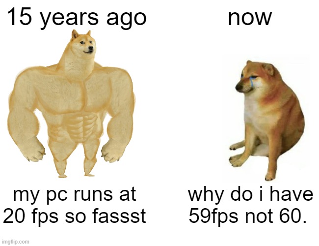 Buff Doge vs. Cheems | 15 years ago; now; my pc runs at 20 fps so fassst; why do i have 59fps not 60. | image tagged in memes,buff doge vs cheems | made w/ Imgflip meme maker