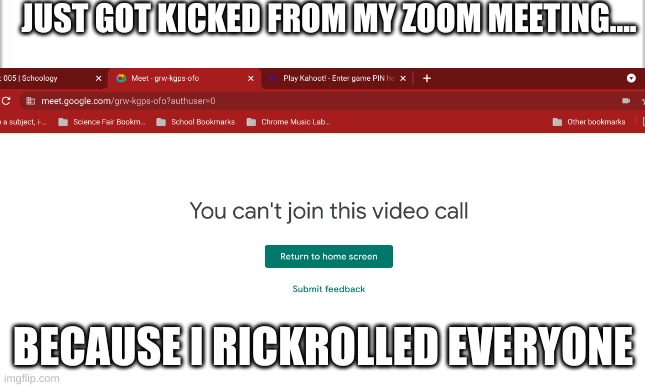 lol | JUST GOT KICKED FROM MY ZOOM MEETING.... BECAUSE I RICKROLLED EVERYONE | image tagged in memes,funny memes,funny | made w/ Imgflip meme maker