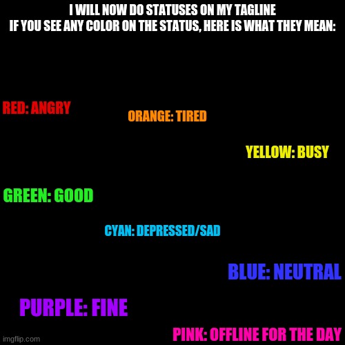 My Status In Case | I WILL NOW DO STATUSES ON MY TAGLINE
IF YOU SEE ANY COLOR ON THE STATUS, HERE IS WHAT THEY MEAN:; RED: ANGRY; ORANGE: TIRED; YELLOW: BUSY; GREEN: GOOD; CYAN: DEPRESSED/SAD; BLUE: NEUTRAL; PURPLE: FINE; PINK: OFFLINE FOR THE DAY | image tagged in memes,blank transparent square | made w/ Imgflip meme maker