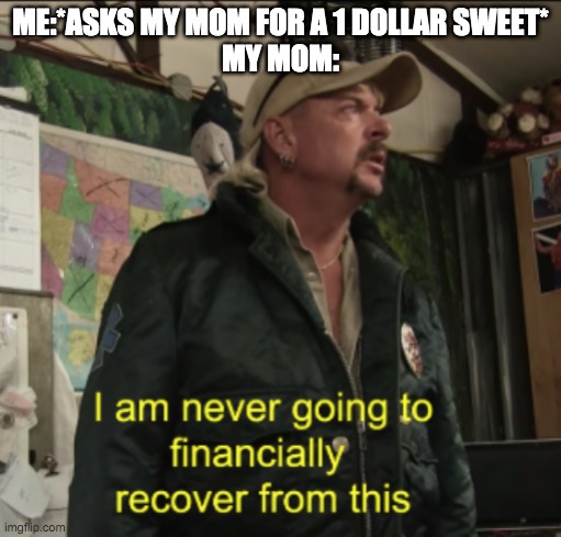 My mom be like | ME:*ASKS MY MOM FOR A 1 DOLLAR SWEET*
MY MOM: | image tagged in joe exotic financially recover | made w/ Imgflip meme maker