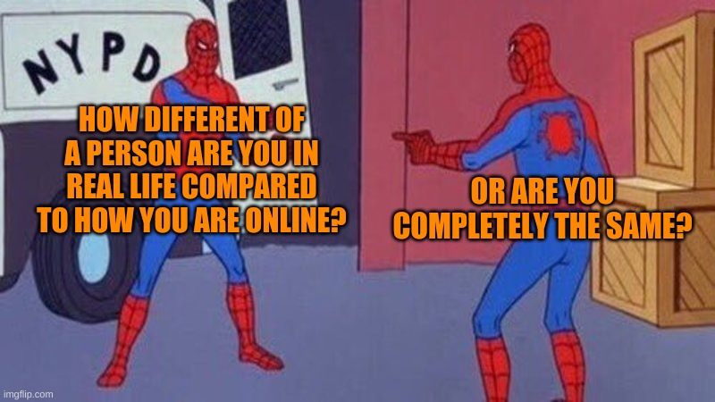 Alter egos? | HOW DIFFERENT OF A PERSON ARE YOU IN REAL LIFE COMPARED TO HOW YOU ARE ONLINE? OR ARE YOU COMPLETELY THE SAME? | image tagged in spiderman pointing at spiderman | made w/ Imgflip meme maker