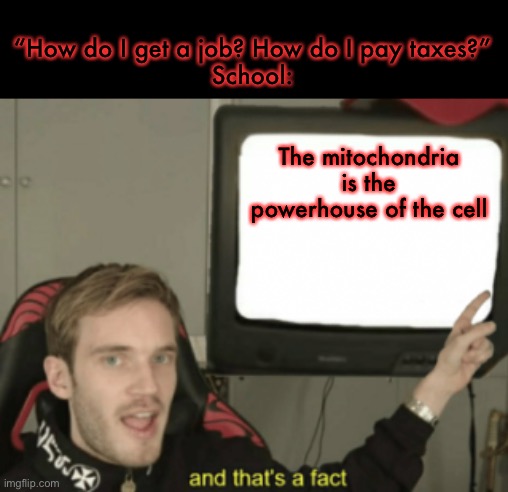 And thats a fact. | “How do I get a job? How do I pay taxes?”
School:; The mitochondria is the powerhouse of the cell | image tagged in and that's a fact,memes | made w/ Imgflip meme maker