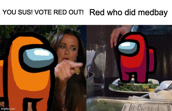 why are people always accusing red hes the imp? why? | YOU SUS! VOTE RED OUT! Red who did medbay | image tagged in memes,woman yelling at cat | made w/ Imgflip meme maker