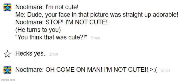 I'M NOT CUTE! >:( - Nootmare | image tagged in memechat | made w/ Imgflip meme maker