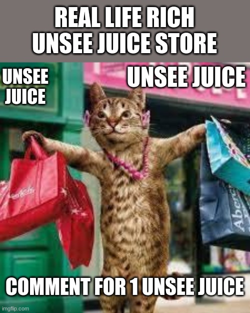 Real Life Rich Unsee Juice Store | REAL LIFE RICH UNSEE JUICE STORE; UNSEE JUICE; UNSEE JUICE; COMMENT FOR 1 UNSEE JUICE | image tagged in cat shopping | made w/ Imgflip meme maker