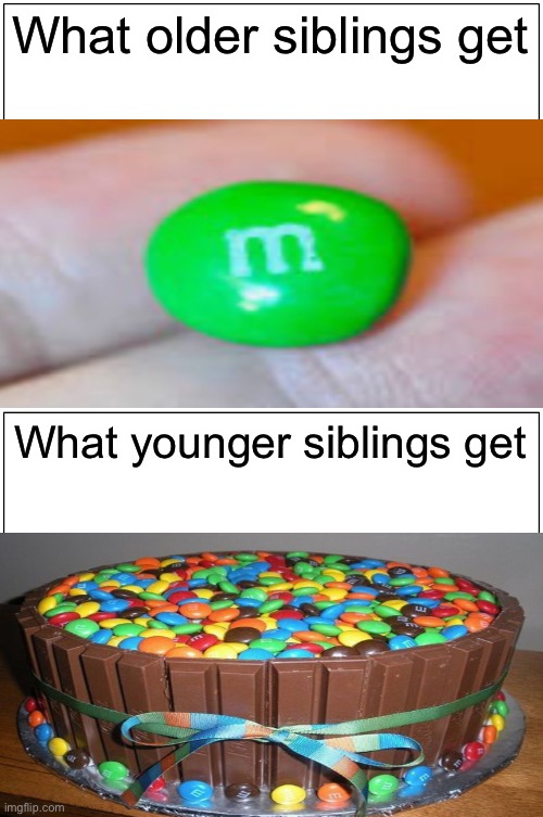 For those kids who have a baby brother. (Your end is near) | What older siblings get; What younger siblings get | image tagged in memes,blank comic panel 1x2 | made w/ Imgflip meme maker
