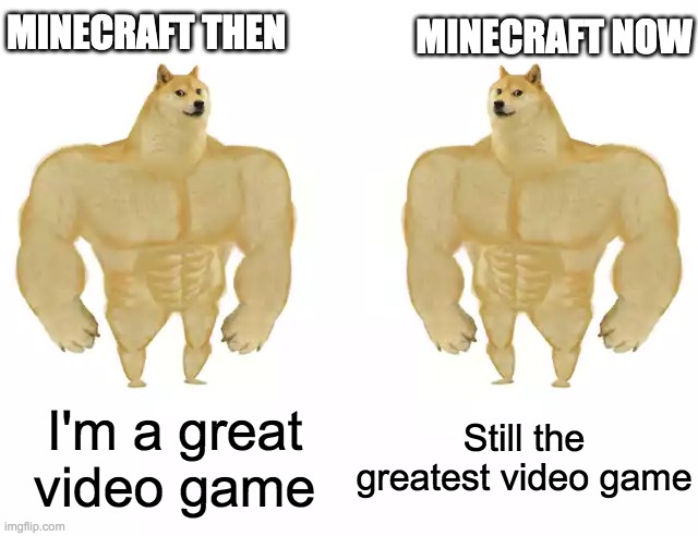 Minecraft then vs now | MINECRAFT THEN; MINECRAFT NOW; I'm a great video game; Still the greatest video game | image tagged in buff doge vs buff doge | made w/ Imgflip meme maker