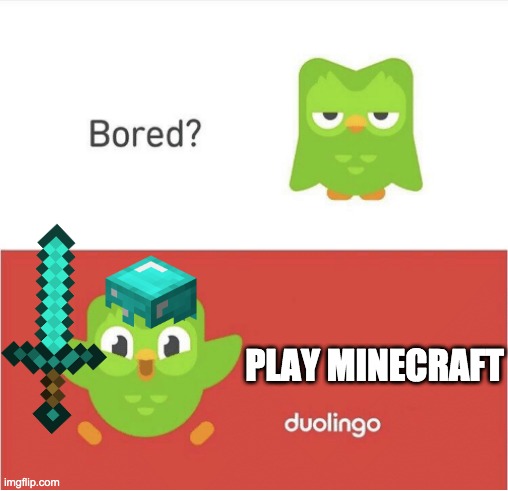 PLay minecraft lol | PLAY MINECRAFT | image tagged in duolingo bored | made w/ Imgflip meme maker