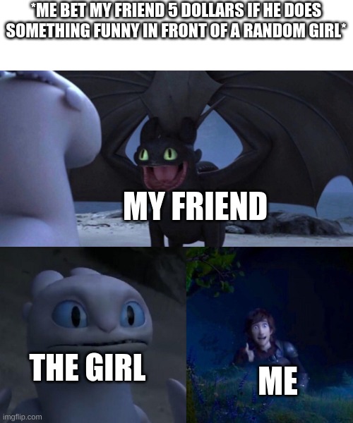 night fury | *ME BET MY FRIEND 5 DOLLARS IF HE DOES SOMETHING FUNNY IN FRONT OF A RANDOM GIRL*; MY FRIEND; THE GIRL; ME | image tagged in night fury | made w/ Imgflip meme maker