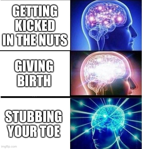 Shheehehend heuehebehwiwj | GETTING KICKED IN THE NUTS; GIVING BIRTH; STUBBING YOUR TOE | image tagged in expanding brain 3 panels | made w/ Imgflip meme maker