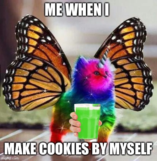 Me when I make cookies | ME WHEN I; MAKE COOKIES BY MYSELF | image tagged in rainbow unicorn butterfly kitten,me when | made w/ Imgflip meme maker