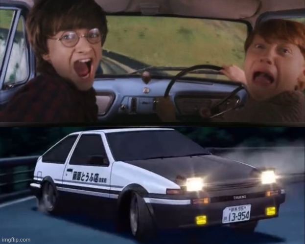 Ya can't outrun Takumi that easily | image tagged in tom chasing harry and ron weasly,initial d | made w/ Imgflip meme maker