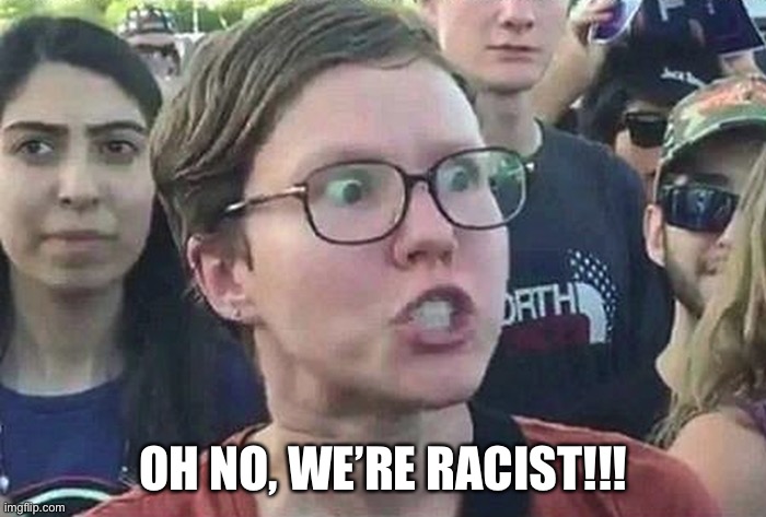 Triggered Liberal | OH NO, WE’RE RACIST!!! | image tagged in triggered liberal | made w/ Imgflip meme maker