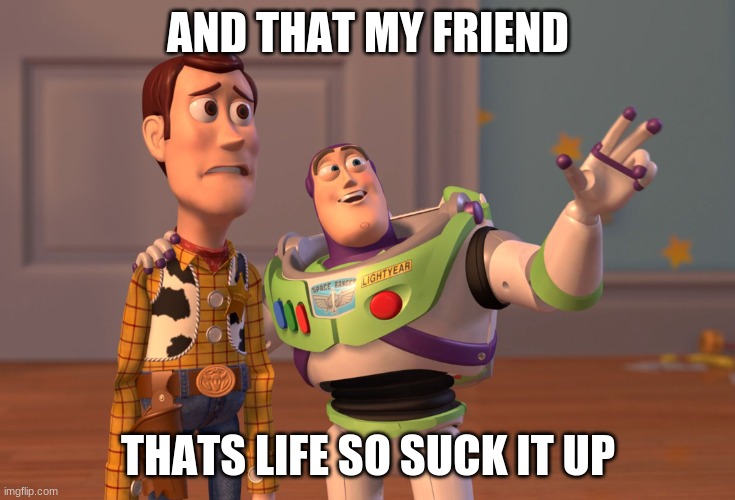 just iife | AND THAT MY FRIEND; THATS LIFE SO SUCK IT UP | image tagged in memes,x x everywhere | made w/ Imgflip meme maker