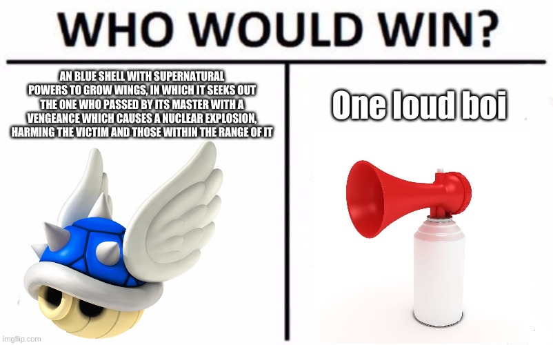 Who Would Win? Meme | AN BLUE SHELL WITH SUPERNATURAL POWERS TO GROW WINGS, IN WHICH IT SEEKS OUT THE ONE WHO PASSED BY ITS MASTER WITH A VENGEANCE WHICH CAUSES A | image tagged in memes,who would win | made w/ Imgflip meme maker