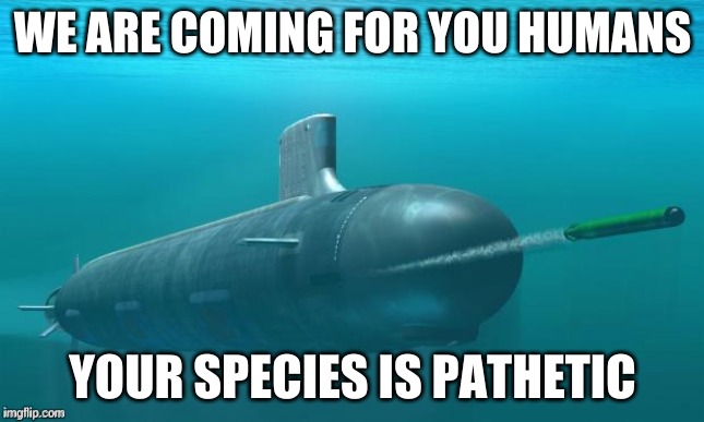Submarine firing torpedo | WE ARE COMING FOR YOU HUMANS YOUR SPECIES IS PATHETIC | image tagged in submarine firing torpedo | made w/ Imgflip meme maker