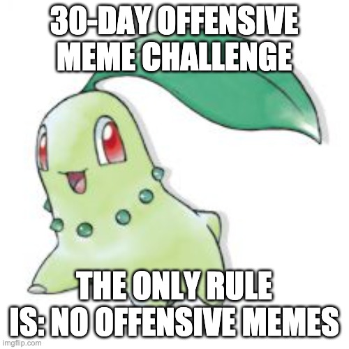 Chikorita | 30-DAY OFFENSIVE MEME CHALLENGE THE ONLY RULE IS: NO OFFENSIVE MEMES | image tagged in chikorita | made w/ Imgflip meme maker