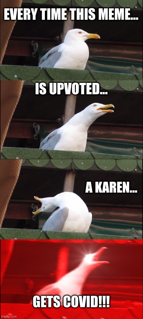 Karens... | EVERY TIME THIS MEME... IS UPVOTED... A KAREN... GETS COVID!!! | image tagged in memes,inhaling seagull | made w/ Imgflip meme maker