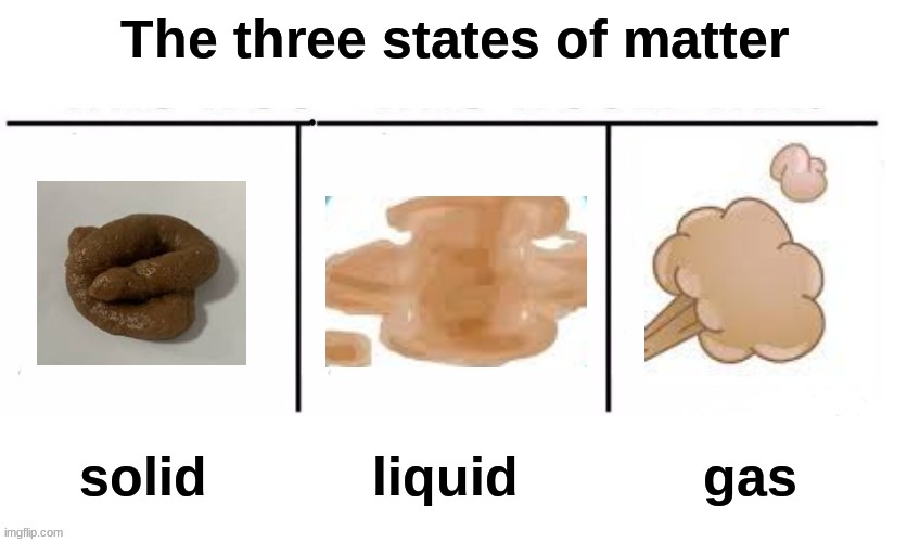 3 section comparison table | The three states of matter; solid; liquid; gas | image tagged in 3 section comparison table,poop,diarrhea,farts,science | made w/ Imgflip meme maker