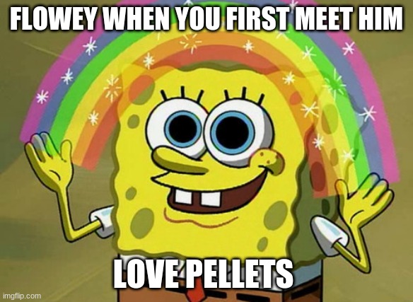 Imagination Spongebob Meme | FLOWEY WHEN YOU FIRST MEET HIM; LOVE PELLETS | image tagged in memes,imagination spongebob | made w/ Imgflip meme maker