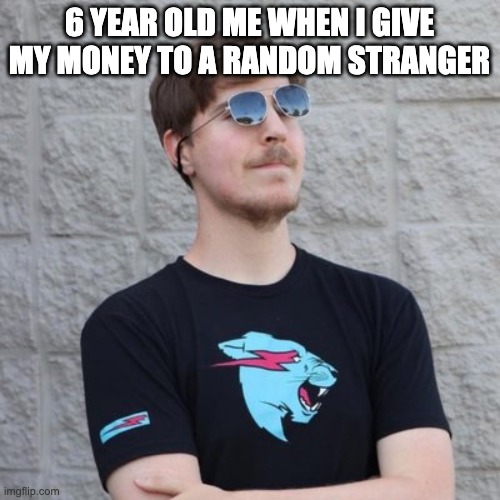 Mr. Beast | 6 YEAR OLD ME WHEN I GIVE MY MONEY TO A RANDOM STRANGER | image tagged in mr beast | made w/ Imgflip meme maker