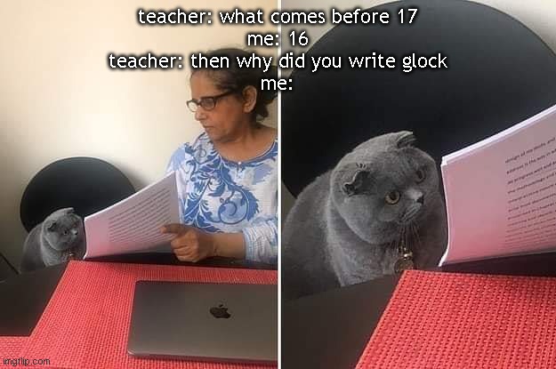 true | teacher: what comes before 17
me: 16
teacher: then why did you write glock
me: | image tagged in woman showing paper to cat,glock | made w/ Imgflip meme maker