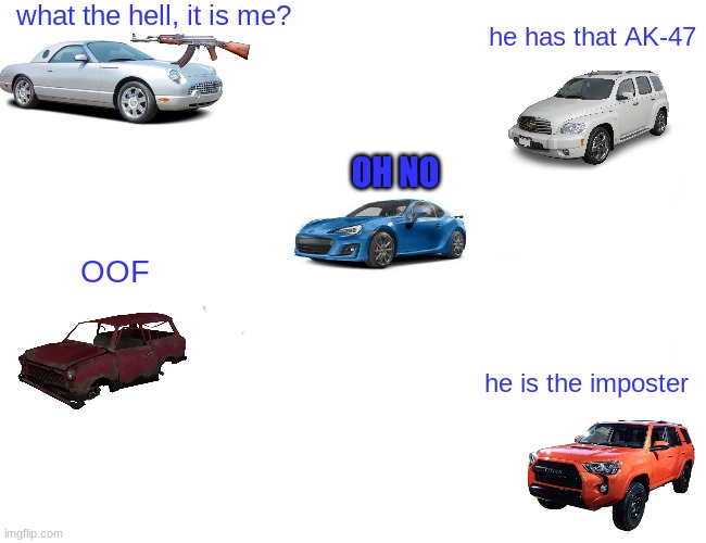 Among us but cars ? | what the hell, it is me? he has that AK-47; OH NO; OOF; he is the imposter | image tagged in memes,buff doge vs cheems | made w/ Imgflip meme maker