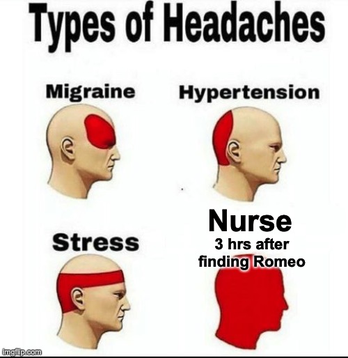 Types of Headaches meme | Nurse; 3 hrs after finding Romeo | image tagged in types of headaches meme | made w/ Imgflip meme maker