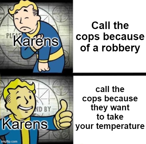 Thank you Blaziken for making this template | Call the cops because of a robbery; Karens; call the cops because they want to take your temperature; Karens | image tagged in fallout drake,karens,temperature,robbery | made w/ Imgflip meme maker