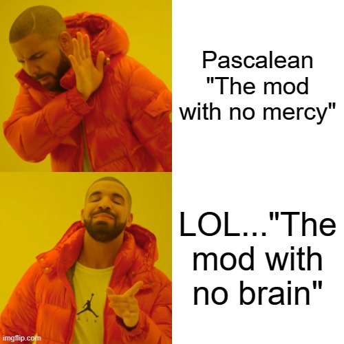 Drake Hotline Bling Meme | Pascalean "The mod with no mercy" LOL..."The mod with no brain" | image tagged in memes,drake hotline bling | made w/ Imgflip meme maker