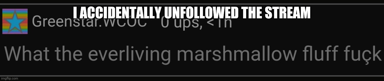 What in the everliving marshmallow fluff fuçk | I ACCIDENTALLY UNFOLLOWED THE STREAM | image tagged in what in the everliving marshmallow fluff fu k | made w/ Imgflip meme maker