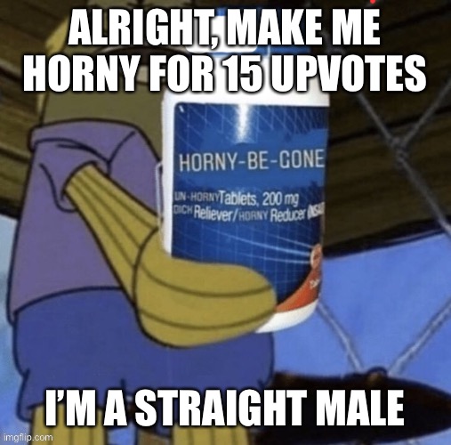 Bet you can’t | ALRIGHT, MAKE ME HORNY FOR 15 UPVOTES; I’M A STRAIGHT MALE | image tagged in horny-be-gone | made w/ Imgflip meme maker