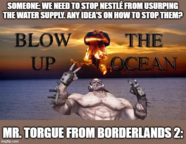 Mr Torgue blow up the ocean |  SOMEONE: WE NEED TO STOP NESTLÉ FROM USURPING THE WATER SUPPLY. ANY IDEA'S ON HOW TO STOP THEM? MR. TORGUE FROM BORDERLANDS 2: | image tagged in borderlands | made w/ Imgflip meme maker