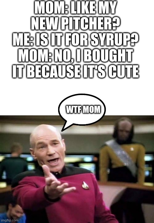 MOM: LIKE MY NEW PITCHER?
ME: IS IT FOR SYRUP?
MOM: NO, I BOUGHT IT BECAUSE IT'S CUTE; WTF MOM | image tagged in blank white template,memes,picard wtf | made w/ Imgflip meme maker
