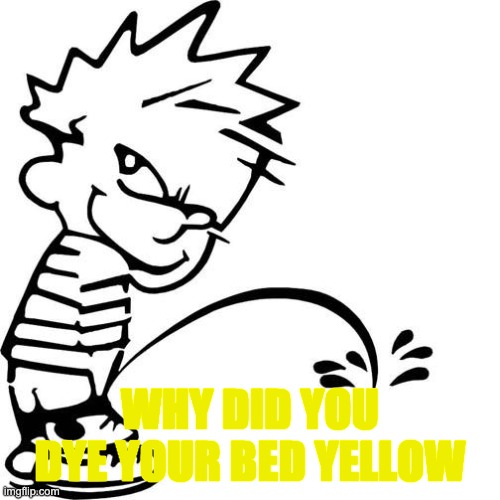 Calvin Peeing | WHY DID YOU DYE YOUR BED YELLOW | image tagged in calvin peeing | made w/ Imgflip meme maker
